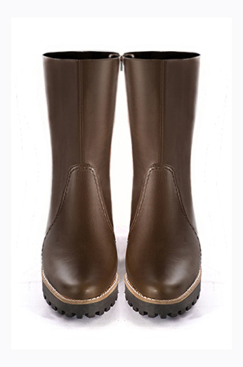Dark brown women's ankle boots with a zip on the inside. Round toe. Low rubber soles. Top view - Florence KOOIJMAN